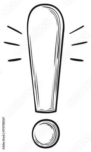 Hand drawn exclamation mark symbol with radiating lines isolated black and white