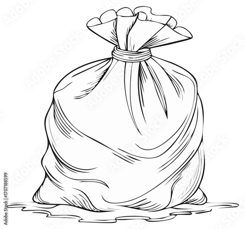 Bag of trash with tie and leakage, line art illustration