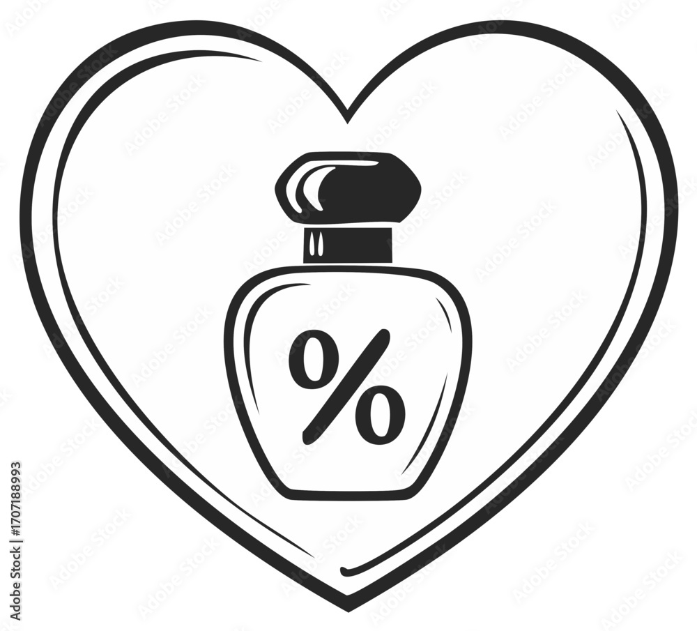 Fototapeta premium Perfume bottle with a percentage discount symbol inside a heart frame line art icon for beauty sales
