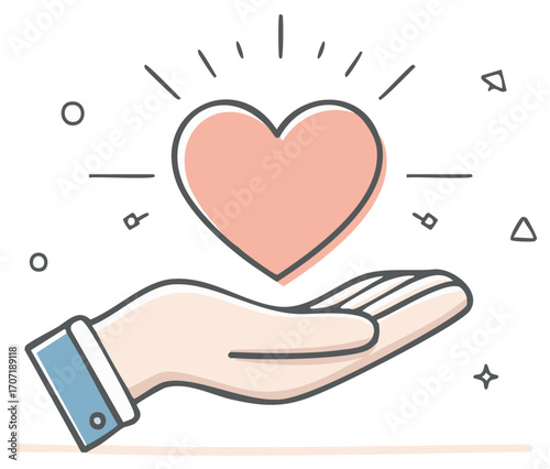 Open hand holding a glowing pink heart in a simple line art style symbolizing love compassion and care.