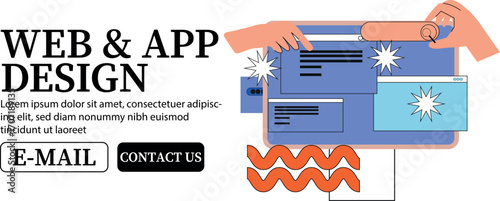 Hands interact with webpage elements, illustrating a concept of interaction and interface design