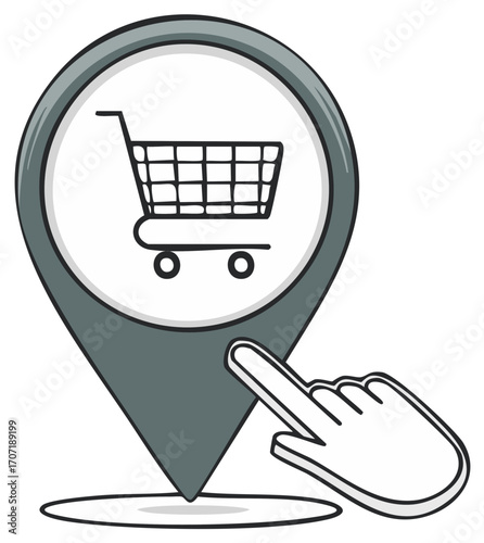 Shopping cart location icon, hand pointing. Online shopping concept.
