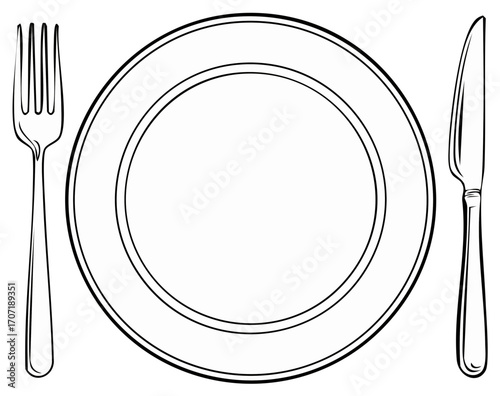 Simple clean outline drawing of a dinner plate with fork and knife