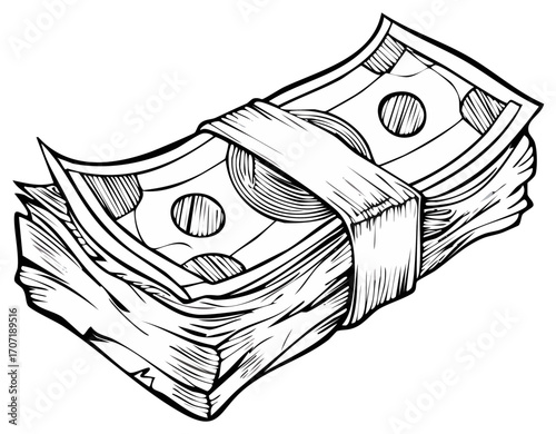 Hand Drawn Illustration of Stacked Money Currency Banknote with Band