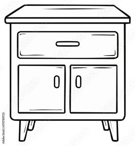 Black and white line drawing of a classic nightstand with a top drawer and two lower cabinet doors