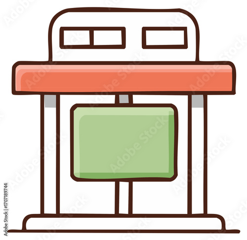 Hand drawn cartoon kiosk, vendor stand with a sign, street food stall icon illustration