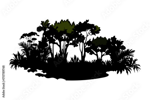 Silhouette of a dense jungle with various trees and plants