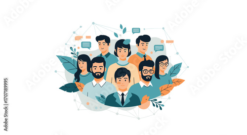 A diverse group of people, connected by networks, surrounded by leaves, communicating with speech bubbles.