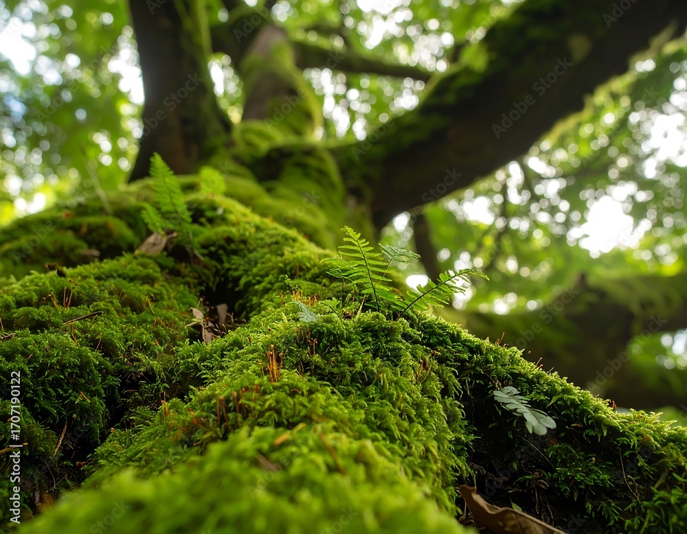 Fototapeta premium Lush green moss and ferns cover the base of a large tree trunk. Sunlight filters through the canopy