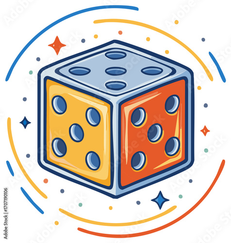 Vibrant cartoon die illustration with colorful arcs and stars symbolizing luck chance and gameplay fun