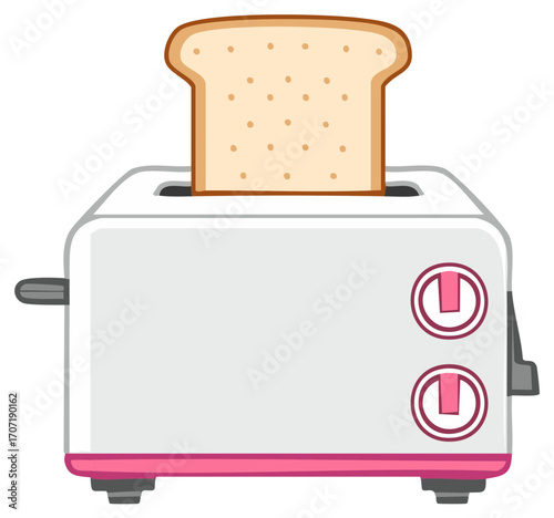 Cartoon illustration of bread in a toaster, kitchen appliance preparing breakfast