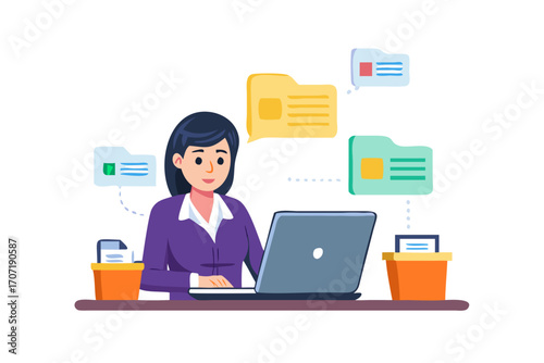 Woman working on a laptop with folders and documents