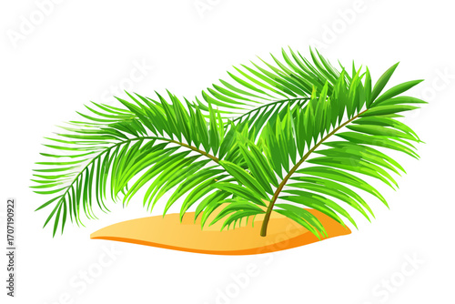 Green palm leaves emerging from a small sandy island