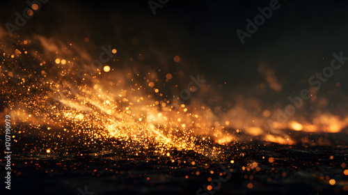 the type of fire or glowing coals. We see sparks ahead. Sparks are actively moving, creating a dynamic feeling and attracting attention with their brightness. There is a dark background in the backgro