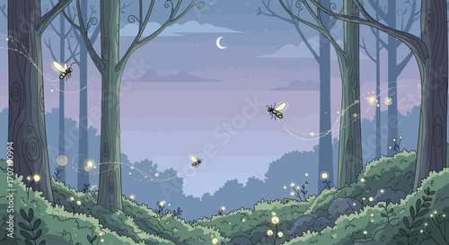 Enchanted forest scene at twilight with glowing fireflies illuminating the trees and gentle landscape.