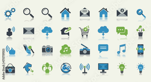 A comprehensive collection of modern flat design digital icons for web, communication, and technology applications.