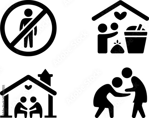 Illustrations depicting social distancing, kindness, community support, and mutual aid.
