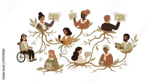 Diverse individuals connected by roots, using technology, sharing information, and interacting.