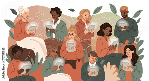 Diverse group of people interacting with glowing tablets, surrounded by foliage.