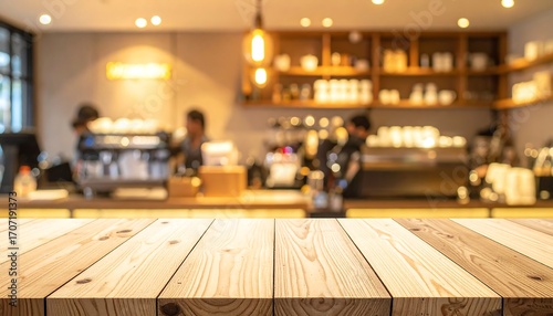 A pristine wooden table provides a clear foreground with a warm, blurred bokeh background of a contemporary coffee shop interior scene