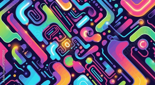 Abstract vibrant neon shapes, interconnected lines, and glowing forms create a dynamic, colorful pattern.