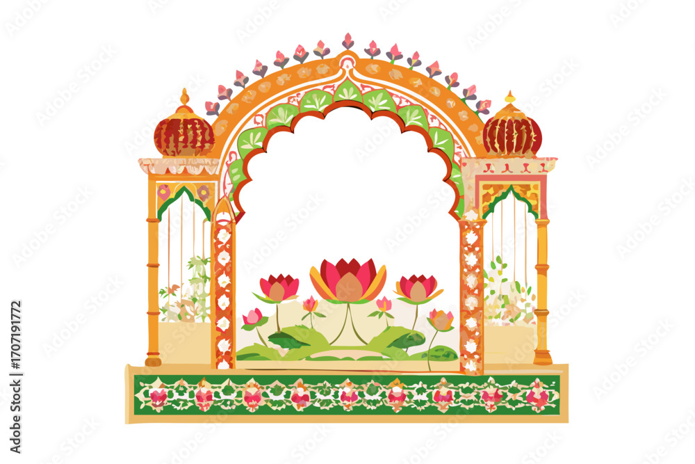 Fototapeta premium Decorative indian arch with lotus flowers and intricate patterns