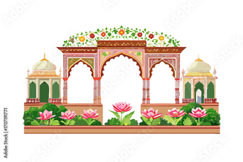 Ornate indian archway with domes, lotus flowers, and intricate patterns