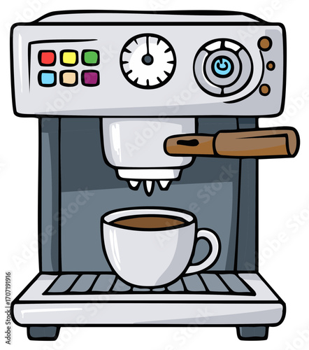Cartoon espresso machine brewing a fresh cup of coffee with a gauge and buttons
