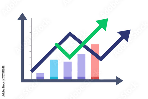 Business growth chart with upward trending arrows and bars