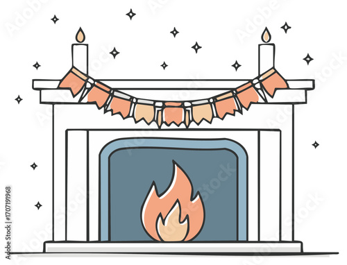 Cozy fireplace with a festive garland and lit candles, a hand drawn holiday celebration illustration