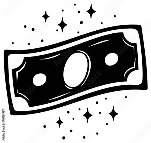 Black and white illustration of a dollar bill with sparkle elements, concept of wealth
