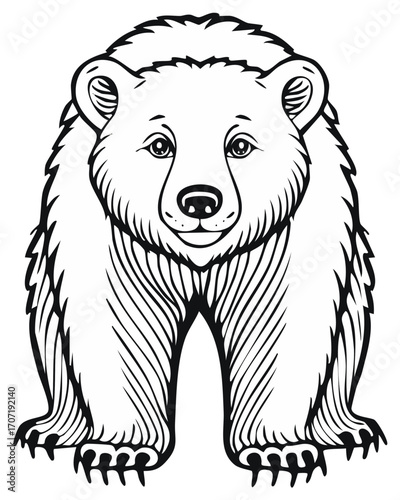 Stylized black and white drawing of a friendly bear standing with paws visible