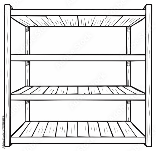 Simple wooden shelf with four levels, illustration of a storage rack, empty and isolated