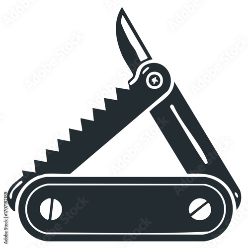 Monochrome multi-tool silhouette illustration. Utility knife, blade, saw isolated.