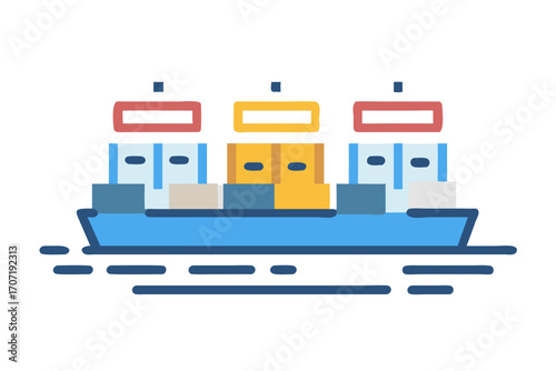 Flat design illustration of a cargo ship carrying containers on the water