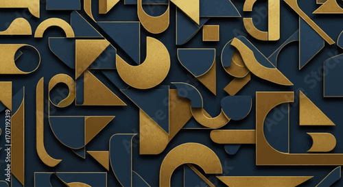 Abstract geometric pattern of gold and navy shapes, layered and overlapping, creating a textured design.