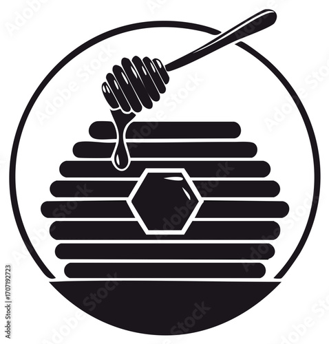 Minimalistic design with stylized honeycomb and honey dipper on a round shape  black and white illustration