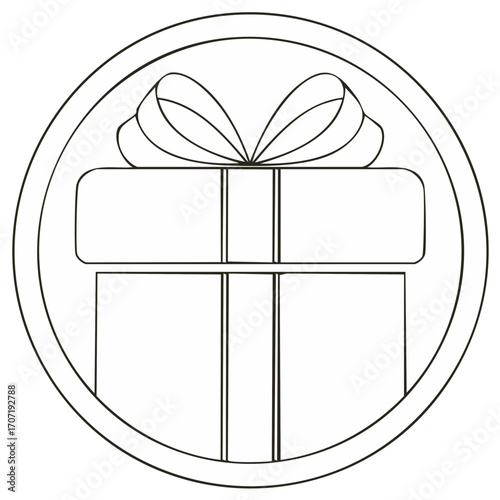 Minimalist line art gift box with bow inside a circular frame for celebration and special offers