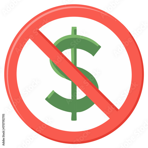 Simple vector icon of a crossed out dollar sign representing no money or a free of charge concept