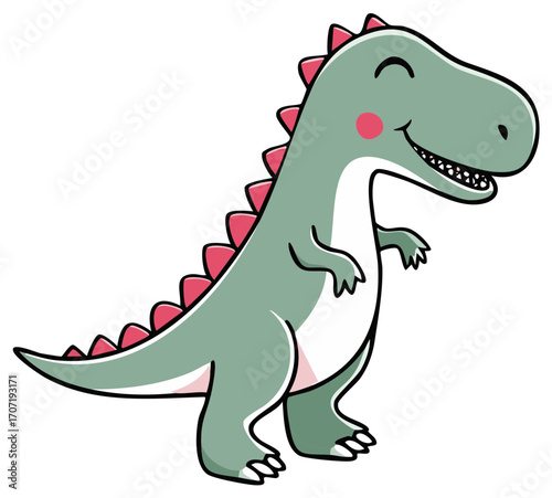 Cute Happy Green Cartoon Dinosaur Illustration with Pink Spikes Smiling Playfully