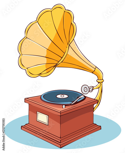 Classic vintage gramophone with golden horn and vinyl record, retro music player illustration.