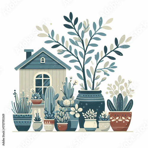 Stylized illustration of a small house surrounded by various potted plants