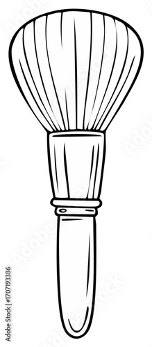 Outline drawing of a makeup brush with a rounded handle and fanned bristles