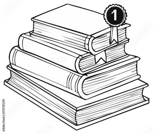Stacked books with a number one ribbon symbolizing education learning and achievement