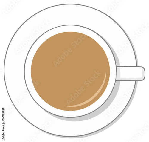 Minimalist flat vector illustration of a white coffee cup and saucer from an overhead view