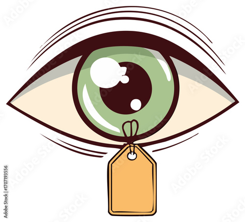 Cartoon Eye Illustration with Blank Price Tag Hanging Below for Creative Concepts