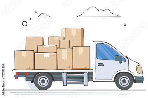 Hand-drawn style white delivery truck overloaded with stacked cardboard boxes for shipping logistics