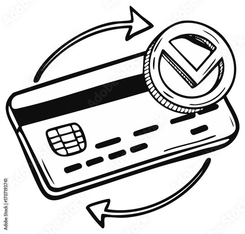 Credit card transaction with arrows, money, and payment illustration.
