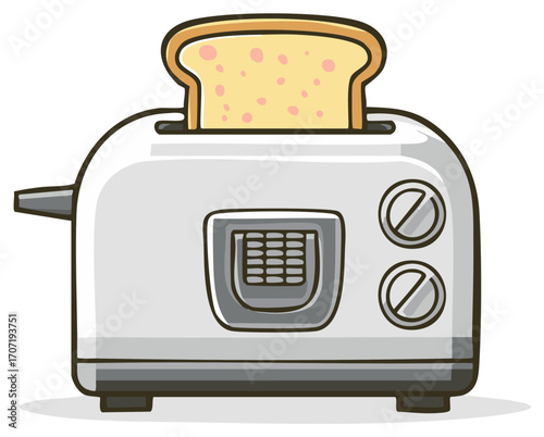 Cartoon toaster with slice of bread for breakfast morning meal preparation
