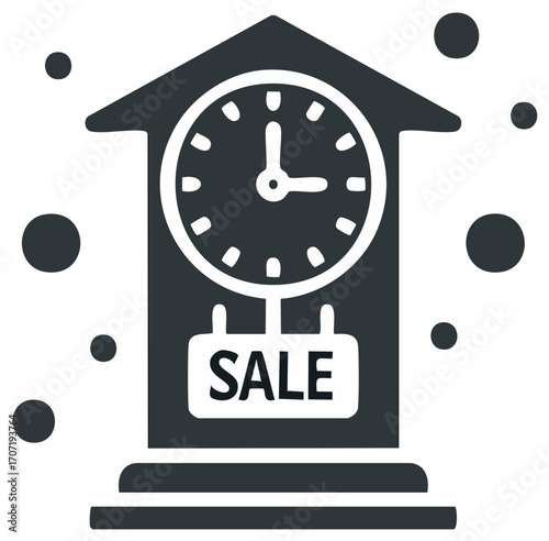 Vintage clock icon with sale sign and dot elements, time-related promotional visual.